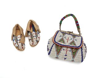 A Sioux beaded bag and pair of moccasins
