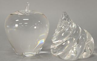 Two crystal Steuben pieces to include large apple (ht. 4") and a spiral shell (ht. 3 1/2"), signed Steuben.
