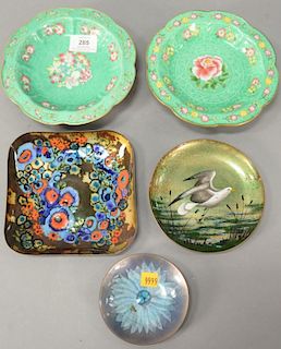 Group of five enameled dishes including seagull plate signed indistinctly, pair of Chinese enameled footed dishes. dia. 4" to 7".