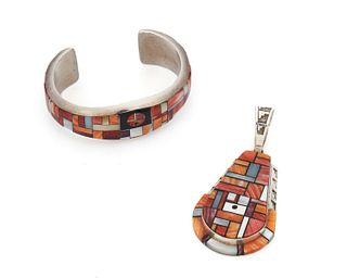 A group of Southwest silver and stone inlay jewelry