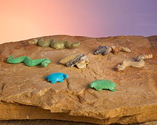 A group of Zuni stone fetish animals, Lance Cheama