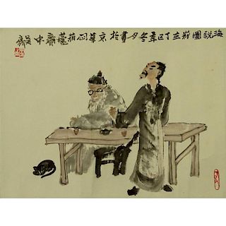 20th Century Chinese Watercolor on Paper. "Two Men At Table"