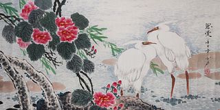 Chinese Ink & Color on Paper Egrets Painting mounted as Scroll