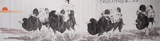 Chinese Ink & Color on Paper Painting of Camels and Ladies mounted as Scroll
