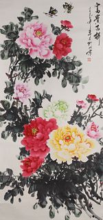Chinese Ink & Color on Paper Painting of Butterflies and Flowers mounted as Scroll