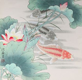Chinese Ink & Color on Paper Fish Painting mounted as Scroll