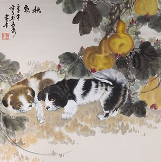 Chinese Ink & Color on Paper Dogs Painting mounted as Scroll