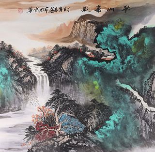 Chinese Ink & Color Landscape Painting on Paper mounted as Scroll
