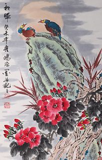 Chinese Ink & Color on Paper Painting of Birds and Flowers mounted as Scroll