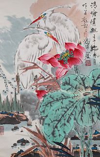 Chinese Ink & Color on Paper Painting of Egrets mounted as Scroll