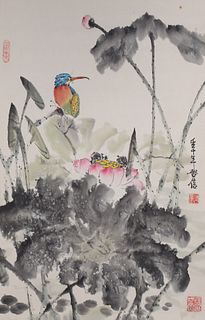 Chinese Ink & Color Kingfisher with Lotus Painting mounted as Scroll