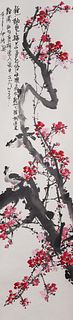 Chinese Ink & Color on Paper Painting of Magpies with Blossoms mounted as Scroll