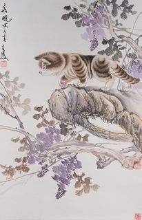 Chinese Ink & Color on Paper Civet Cat Painting mounted as Scroll