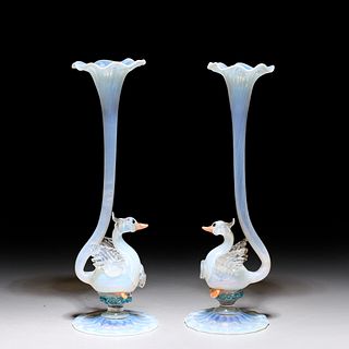 Pair Antique Venetian Hand-blown Swan Vases
