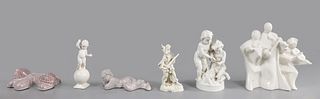 Group of Six Blanc de Chine Porcelain & Ceramic Collectible Figures, Capodimonte, Santa Monica, Dresden