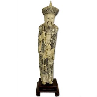 Antique Chinese Carved Ivory Emperor Figure with Wood Base.