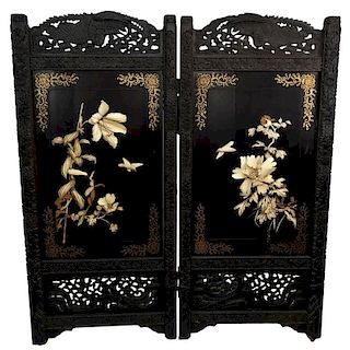 Large Antique Chinese Heavily Carved Hardwood Two Panel Screen With Carved Bone Relief Decoration and Lacquered Motif. Signed with applied seal. Losse