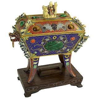 Vintage Chinese Cloisonné Censer With Gemstone Embellishments. Decorated with polychrome ivory finials, figural ring handles. On inlaid hardwood stan