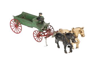 C. 1900-1920 Rare Kenton Cast Iron Two Horse Wagon