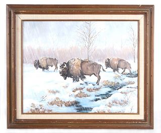 Original Oil on Canvas Buffalo Snowy Day by ADAY