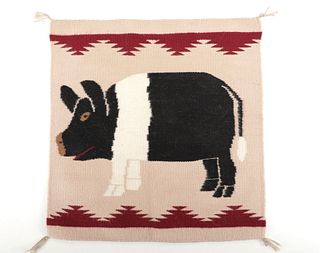 Navajo Pig Pictorial Mohair Hand Woven Rug c. 1980