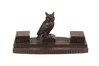C. 1930 Black Forest Hand Carved Wood Owl Inkwell