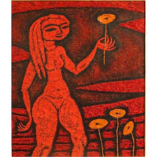 Waro Wakao, Japanese (20th C) Oil on canvas "Nude With Flower"