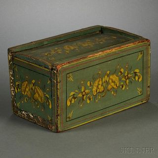 Green-painted Slide-lid Pine Box with Floral Decoration