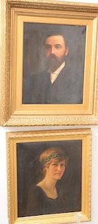 Two portrait oil on canvas paintings including early 20th century portrait of a woman and late 19th century portrait of a man signed...