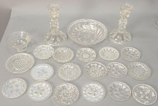 Sandwich glass lot including dish, small plates, and candlesticks (ht. 7").