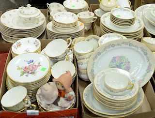 Two porcelain dinner sets including Limoges Saturday Night Girls and Warwick partial porcelain dinner set along with a box of cups, ...