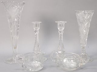 Five piece lot including cut glass pair of candlesticks, two cut glass vases, and Hawkes sugar and creamer, ht. 3" to 12".