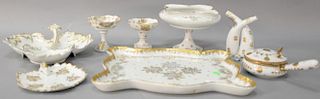Group of eight pieces of French porcelain to include large tray (lg. 17"), compotes, and four glass with silver plated top pitcher.