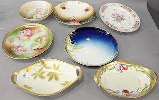 Seven Bavarian Rosenthal hand painted porcelain serving dishes, dia. 12" - 13 1/4", oval dishes 13".