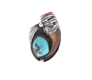 Large Navajo Sterling Bear Claw & Multi Stone Ring