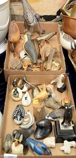 Two tray lots including carved shoe birds, Richard Morgan, L. Harvey quill box, miniature birds, etc.