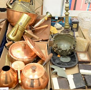 Four box lots with copper brass, five daguerreotypes, brass candlestick, Elsohn pottery figural bowl, etc.