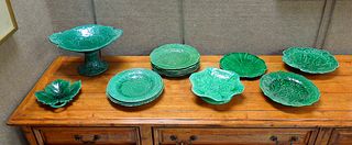 Group of Green Majolica Dishware, 14 Pieces.