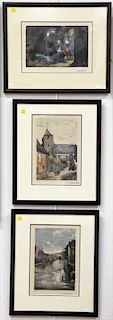 Five framed engravings including Axel H. Haig Talido Cathedral engraving pencil signed and four colored engravings by Jean LeForest,...