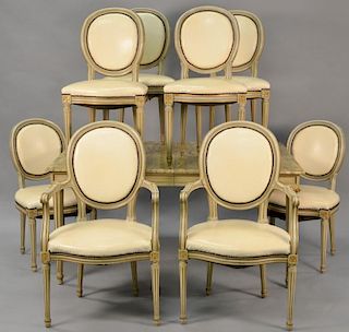 Nine piece Louis XV style dining set with eight chairs and faux marble top table ht. 29 1/2" top: 40" x 60".