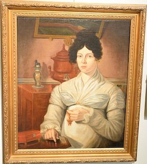 19th century oil on canvas portrait of a woman sewing, unsigned 30" x 24 1/2".
