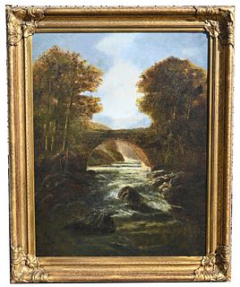 19th C. Hudson River School Painting w/ Fisherman