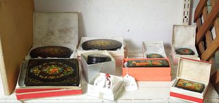 (9) Russian Lacquer Boxes & a Christmas Ornament.
