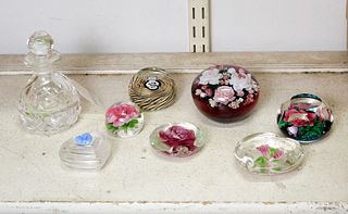 Group of Art glass Paperweights & Scent Bottle.