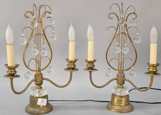 Pair of Victorian two light lamps, brass with crystal ball prisms. (16" ht)