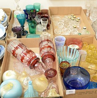 Four box lots including Murano glass, art glass, various color stems (some early), two decanters, Gustavsberg Argenta cut glass dish...