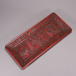 A pavilion patterned red lacquered plate