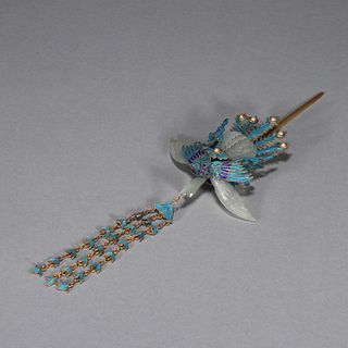 A gilding silver tian-tsui jade-inlaid phoenix bird hairpin