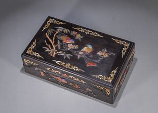 A gem-inlaid magpie and plum blossom red sandalwood box