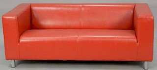 Modern red leather tuxedo sofa. lg. 70"